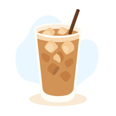 A cold ice latte served in a transparent glass filled with ice cubes, accompanied by a straw, ideal for cooling off on a sunny day.