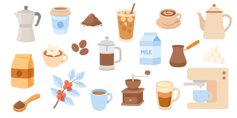 A delightful coffee set showcases diverse brewing methods, beans, drinks, and ingredients in an artistic layout, highlighting the joy of coffee culture.