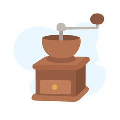 A wooden coffee grinder sits on a flat surface, featuring a round top and a handle. Its charming design adds a nostalgic touch to any kitchen decor.