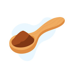 A wooden spoon holds a pile of ground coffee, perfect for cooking. This setting highlights the simplicity and warmth of preparing meals in a cozy kitchen.
