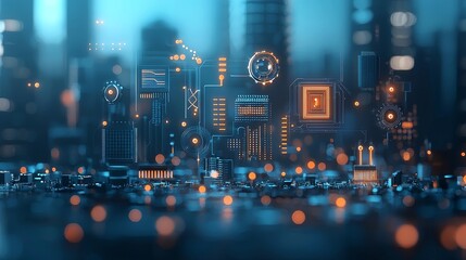 Futuristic cityscape with digital interfaces urban environment high-tech visualization aerial view innovation in technology