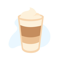 A delicious layered drink presented in a clear cup showcases alternating colors of coffee and cream, topped with a smooth swirl, set against a soft background.