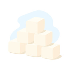 Five sugar cubes are neatly stacked on top of each other, showcasing their cubic shape and smooth surface against a soft, light background.