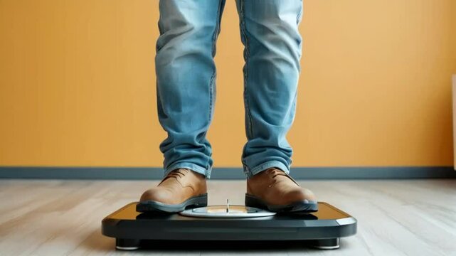 Man standing on a scale checking his weight.