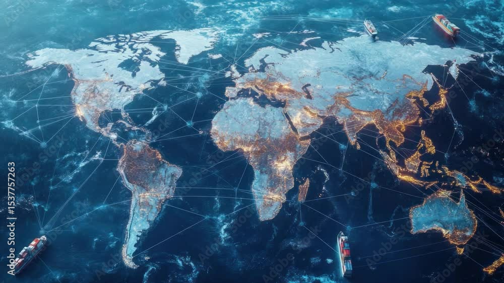 Poster global network: a stunning view of the world map, depicting a complex network of interconnected poin