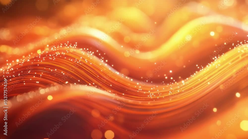 Poster golden abstract waves: dynamic waves of warm light interplay with glittering particles, creating a s
