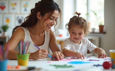 Smiling mother and her child painting together in a bright art room. High quality