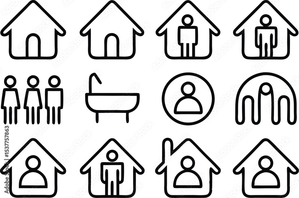 Poster family and home outline icons set in a linear minimal style isolated on transparent background