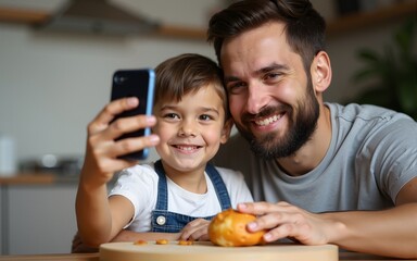 Smiling child taking selfie on smartphone with bearded father near sweet pastry in kitchen. High quality
