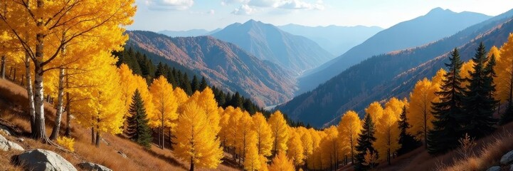 Fototapeta premium Golden aspen trees on mountain ridge, vibrant autumn foliage, aspen, clear
