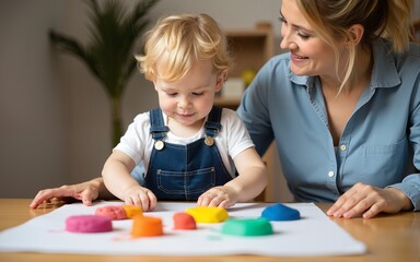 A child in overalls playing with colorful clay on a table while supervised by an adult. The moment captures creativity, learning, and family bonding during an indoor activity. High quality