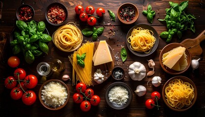 Flat lay of raw ingredients for Italian pasta: tomatoes, garlic, basil, spaghetti, parmesan, and chili flakes, on rustic dark wood table, editorial food photography style