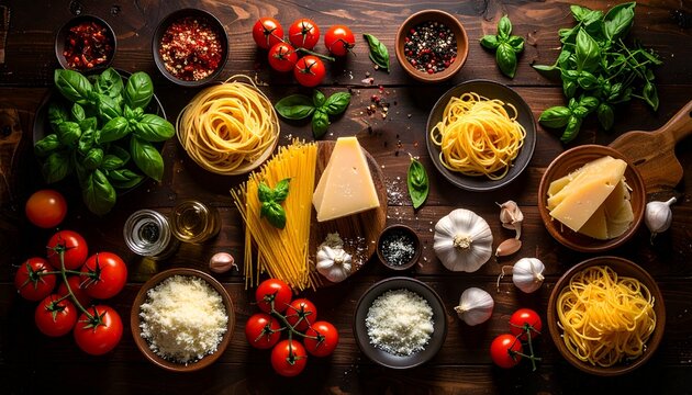 Flat lay of raw ingredients for Italian pasta: tomatoes, garlic, basil, spaghetti, parmesan, and chili flakes, on rustic dark wood table, editorial food photography style