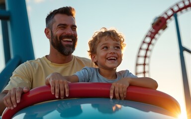A father and his little son ride a roller coaster for children. High quality