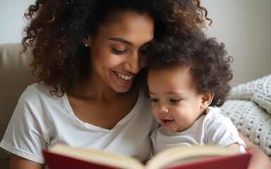 A young woman with curly hair is reading a book to a baby in her lap. High quality