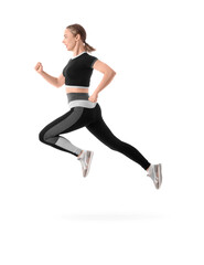 Sporty young woman running marathon on white background