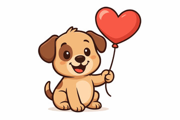 Obraz premium Cute cartoon puppy holding a red heart shaped balloon sitting on a white background happily smiling