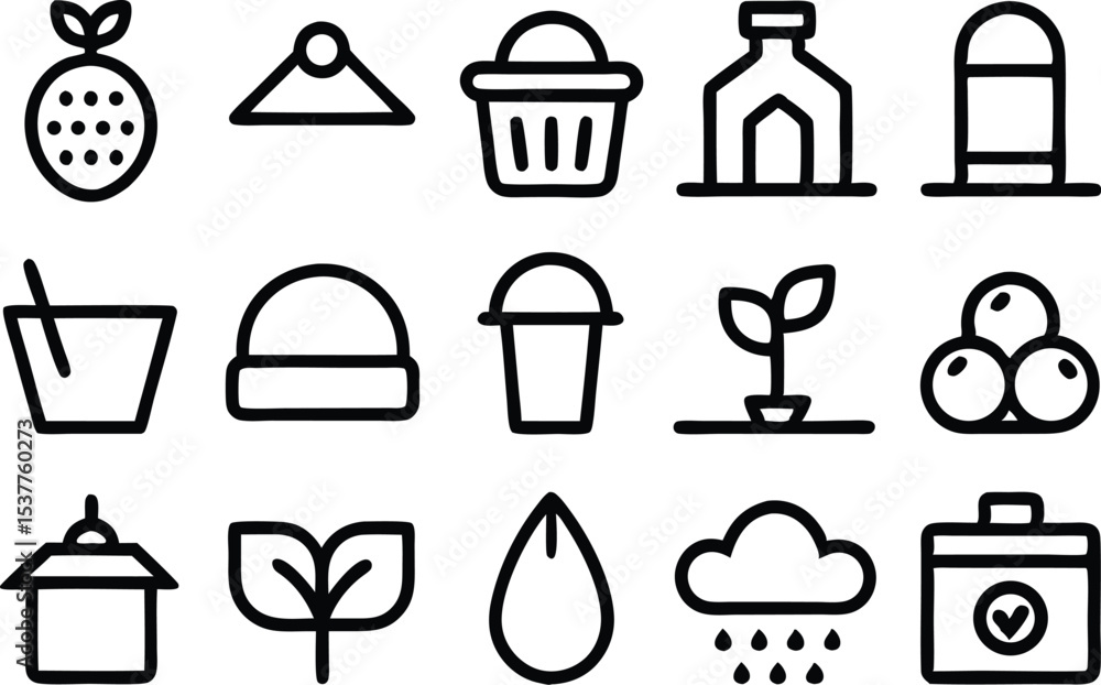 Poster farm composting outline icons set isolated on transparent background