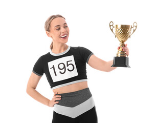Sporty young woman with gold cup after running marathon on white background