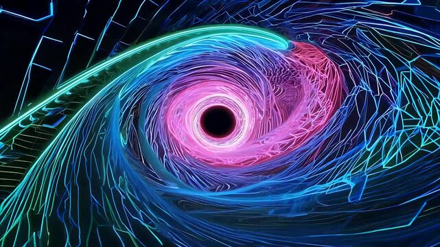 Witness neoncolored lix rotating dark background forming fluorescent glowing fractal structure dynamic colorful twirling design serves captivating backdrop 4K ideal various creative projects spiral