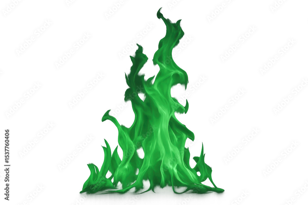 Poster green flames rising against a transparent background, creating a vibrant and surreal visual effect, 