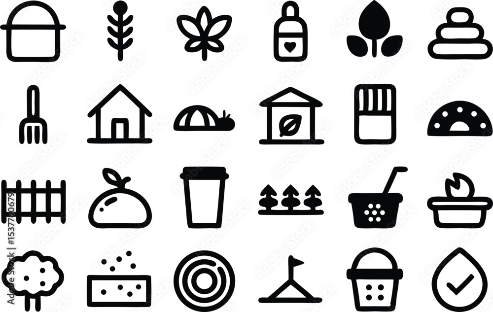 Poster farm composting outline icons set isolated on transparent background