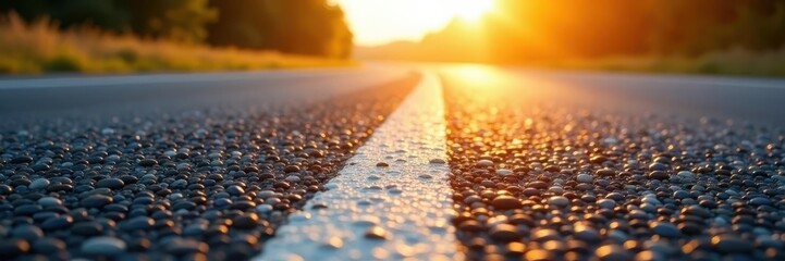White dashed line on asphalt highway, sun glare, light, landscape