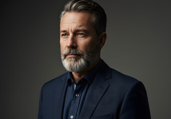 Obraz premium A portrait of a mature man looking thoughtfully to the side, wearing a suit.