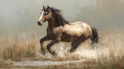Horse running through water misty landscape