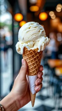 Person hand holding a white vanilla ice cream in a waffle cone on blurred cafe background.