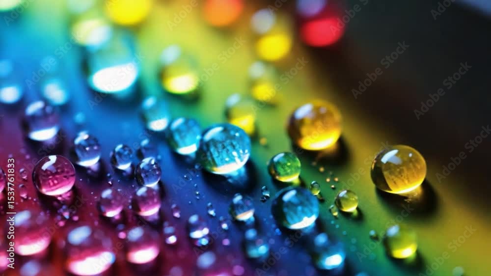 Poster Rainbow Reflection: Droplets of water gleam with an array of colors. The droplets rest on a gradient surface, creating a visual symphony of light and hue.