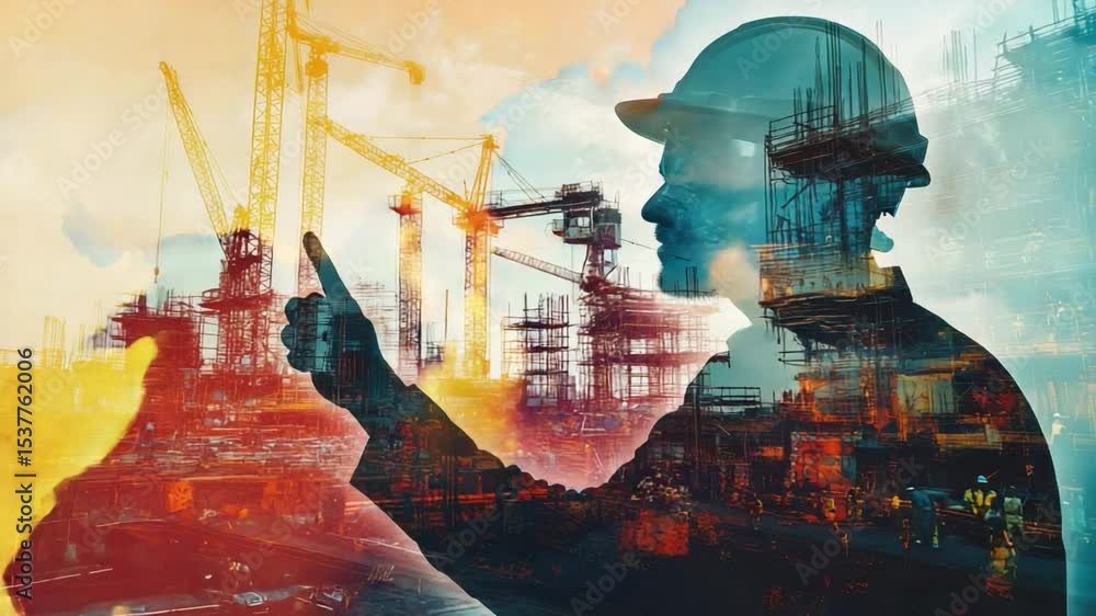 Poster construction vision: a determined constructor wearing a protective helmet and envisioning a future c