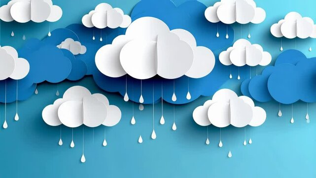Elegant paper clouds with rain drops artistic background in blue and white, perfect for weather forecasts or children's illustrations.