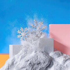 Abstract Winter Scene with Snowflakes and Geometric Platforms