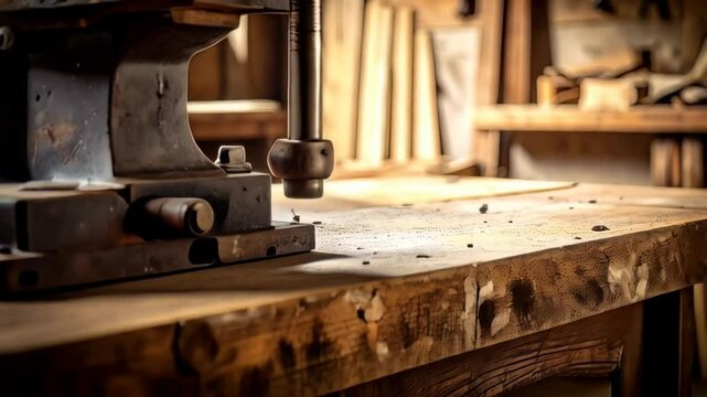 Old metal woodworking vise sitting on wooden workbench in workshop with blurred background, antique tools in vintage setting, restoration