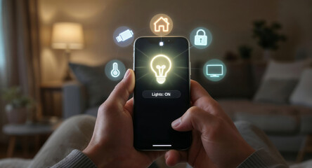 POV shot of person using smartphone app to control home automation system, with icons for lights, temperature, security and entertainment floating in modern living room. Smart home concept