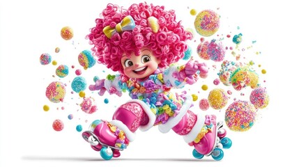 Naklejka premium Pink girl on skates, candy-themed
