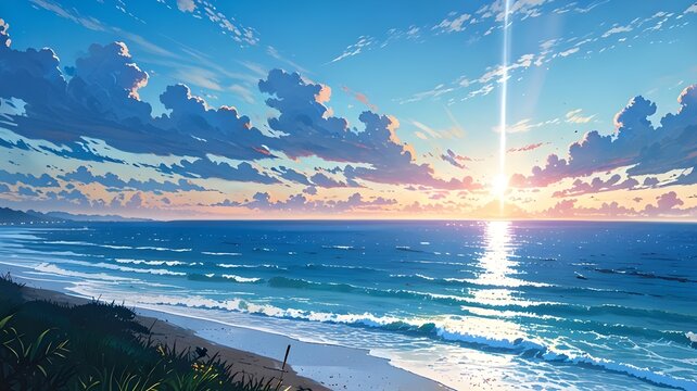peaceful beach sunrise with blue sky anime style image