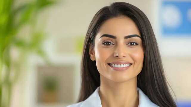 Radiant Confidence: A portrait of a poised woman exuding confidence, her radiant smile and engaging gaze capture the essence of self-assuredness and beauty.