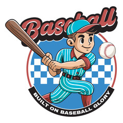 Vector Illustration of Baseball Player Carrying Baseball Bat with Detailed Retro Cartoon Available for Logo Badge