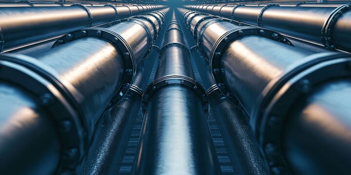 Controlling CO2 Emissions for a Low-Carbon Future, Close-up view of metallic pipes arranged in parallel, showcasing industrial design and engineering.