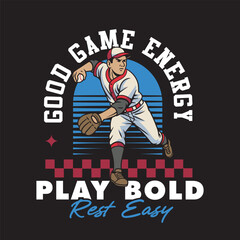 Vector Illustration of Baseball Player Trow Baseball's Ball with Detailed Retro Cartoon Available for Tshirt Design