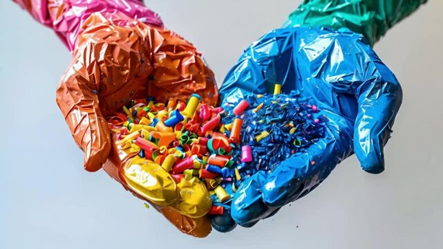 recyceltes Plastik Granulat, Buntes Granulat, PA6, ASA, ABS, PET, Eine Hand voll mit Plastik Kunststoff Granulat, wieder verwendbarer Kunststoff.