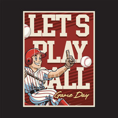 Vector Illustration of Baseball Player try to Catch Baseball's Ball with Detailed Retro Cartoon Available for Poster