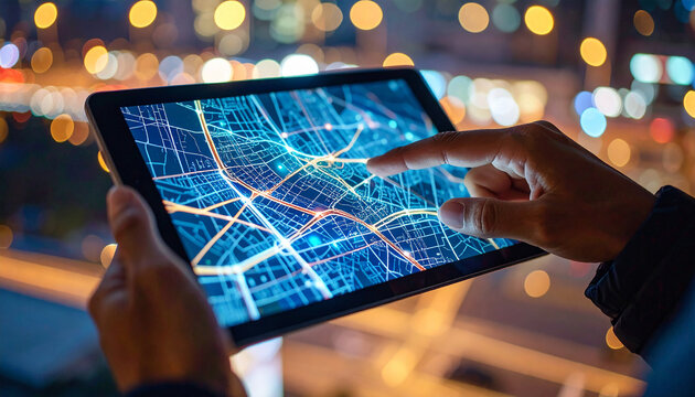 Technology in hand: Person using a futuristic tablet with a high-tech map interface, demonstrating modern technology.