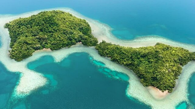 Tropical islands with turquoise water and coral reef. Seascape in the tropics. Borneo, Sabah, Malaysia.