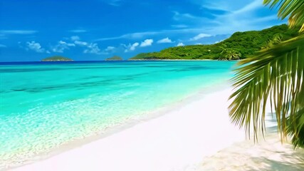 video beautifully captures landscape tropical sea swaying coconut palm trees pristine white sand beaches crystalclear ocean waters creating perfect summer getaway atmosphere beach travel - Powered by Adobe