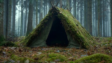 Mossy woodland survival shelter blends seamlessly into the forest
