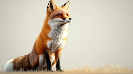 Obraz premium Red fox sitting in dry grass, looking to the right, against a light beige background.