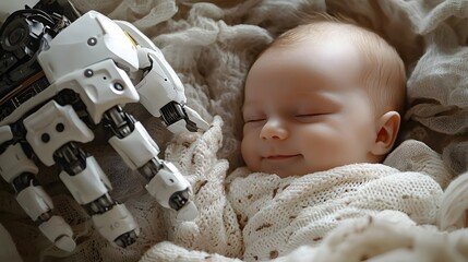 Newborn baby smiling at robotic hand in soft nest